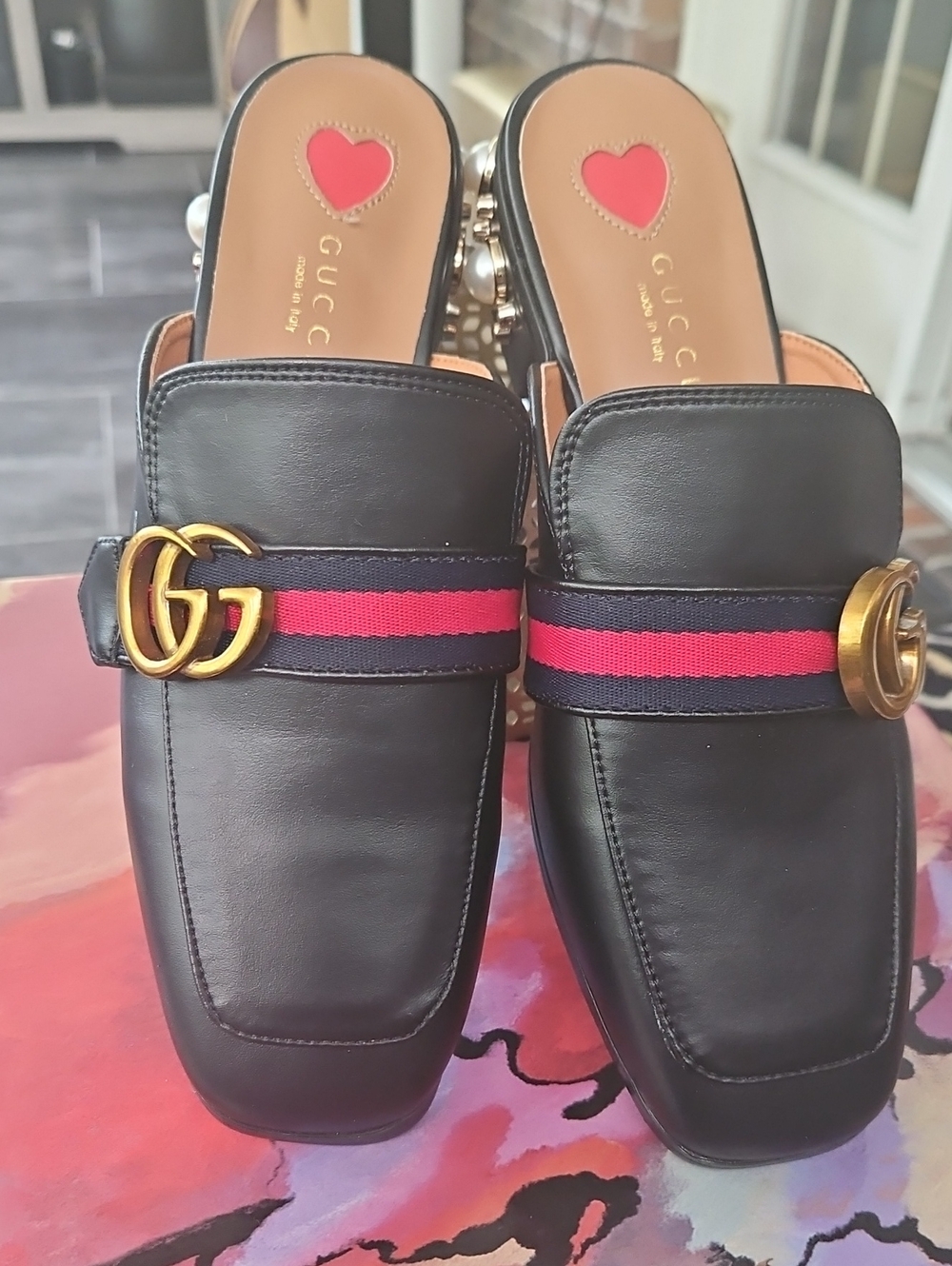 Gucci Peyton Pearl Block Heel Mules Black & Pink EU 40